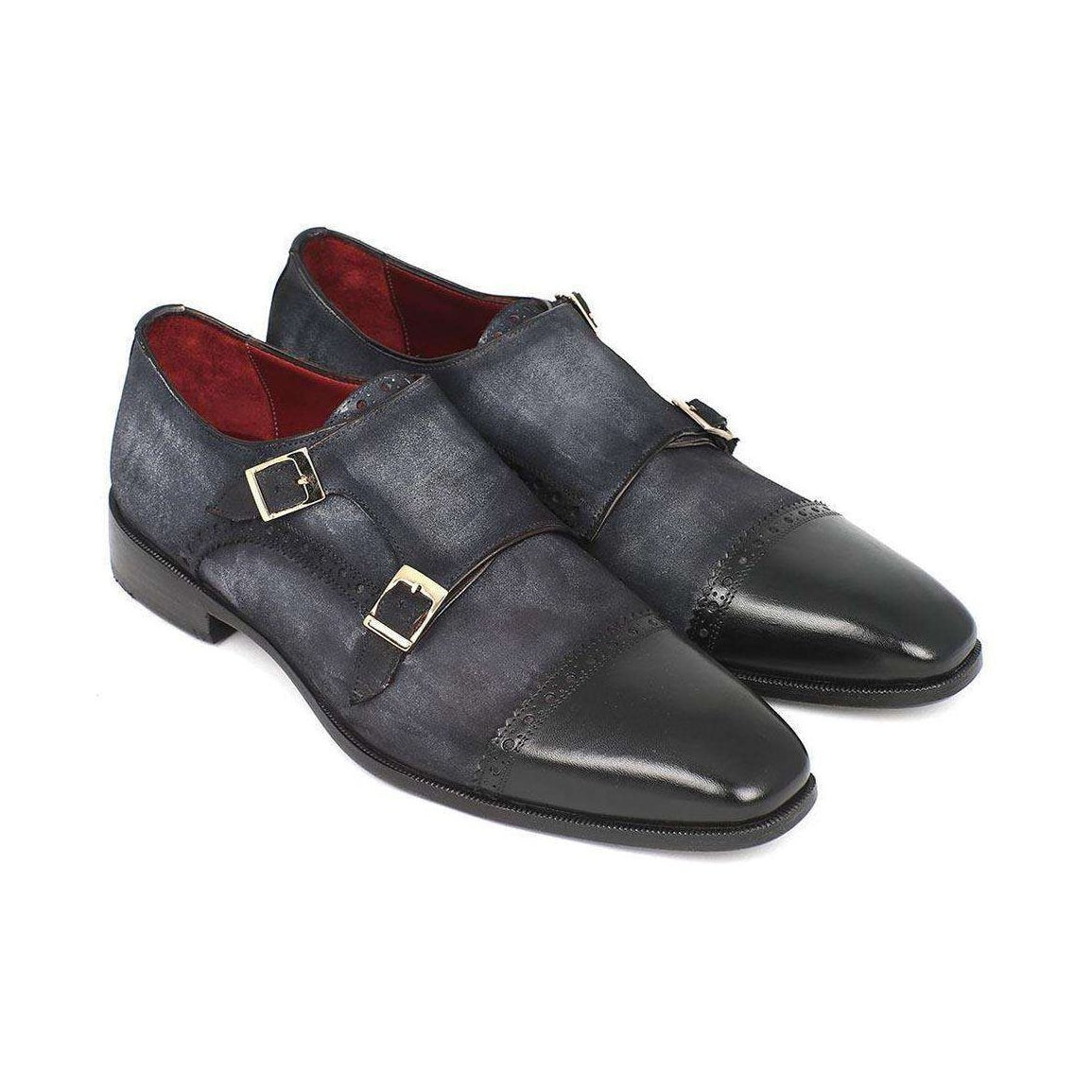 Paul Parkman Handmade Designer Shoes Men's Handmade Designer Shoes Captoe Double Monkstraps Suede Navy Loafers (PM4024)