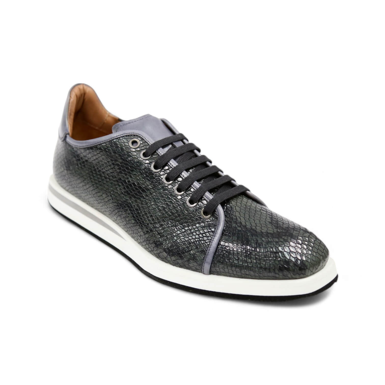 Ambrogio Men's Shoes Gray Snake-Print Leather Casual Sneakers (AMZ1007)