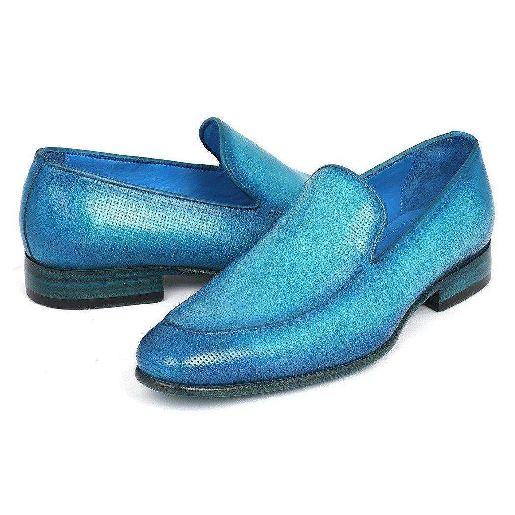 Paul Parkman Handmade Designer Shoes Perforated Leather Turquoise Loafers (PM5450)