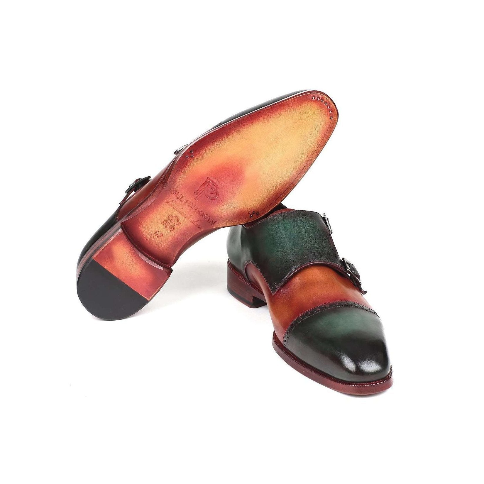 Paul Parkman Handmade Designer Shoes Men's Green & Camel Calf-skin Leather Captoe Double Monkstrap Loafers 045GC61 (PM5916)