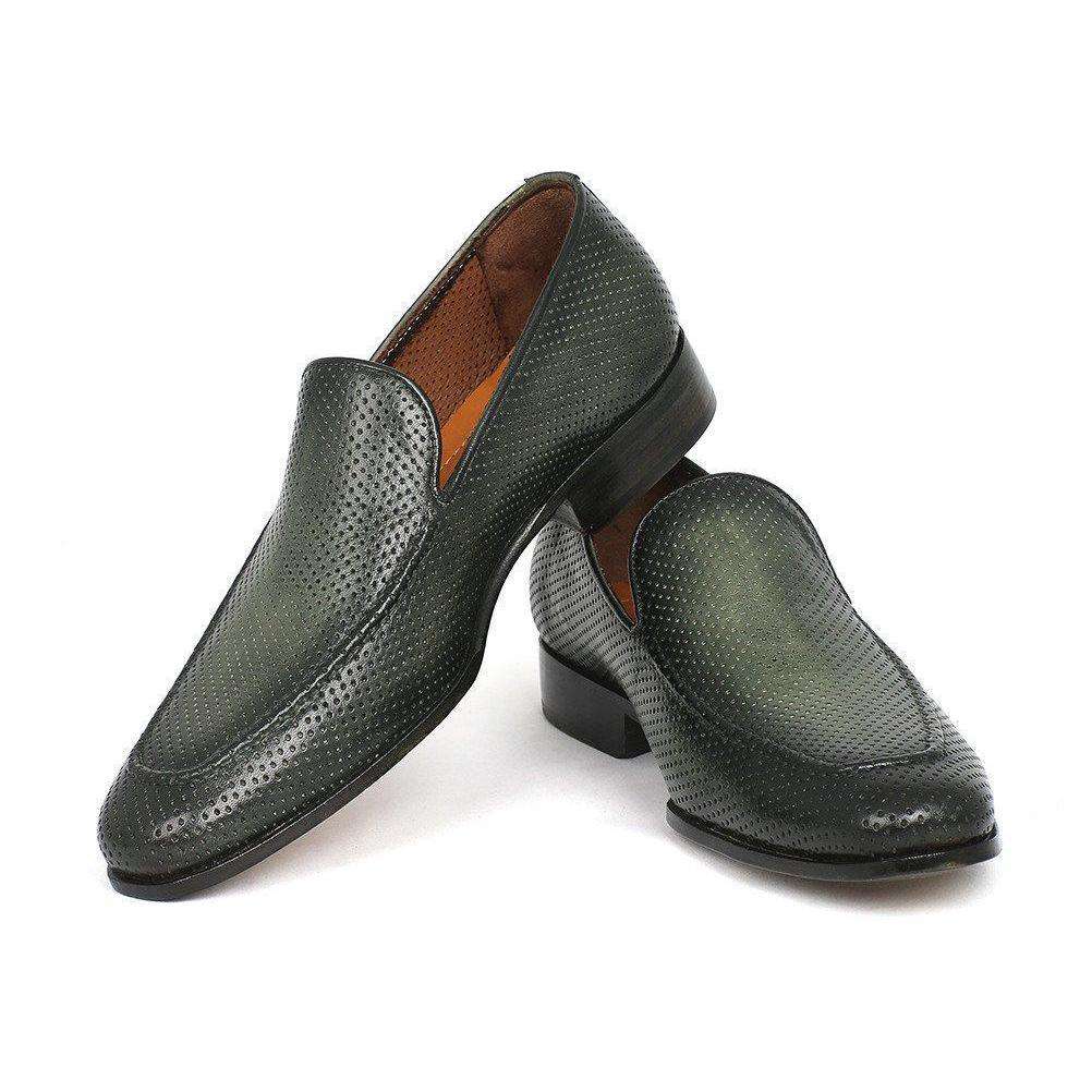Paul Parkman Handmade Designer Shoes Perforated Leather Green Loafers (PM5459)