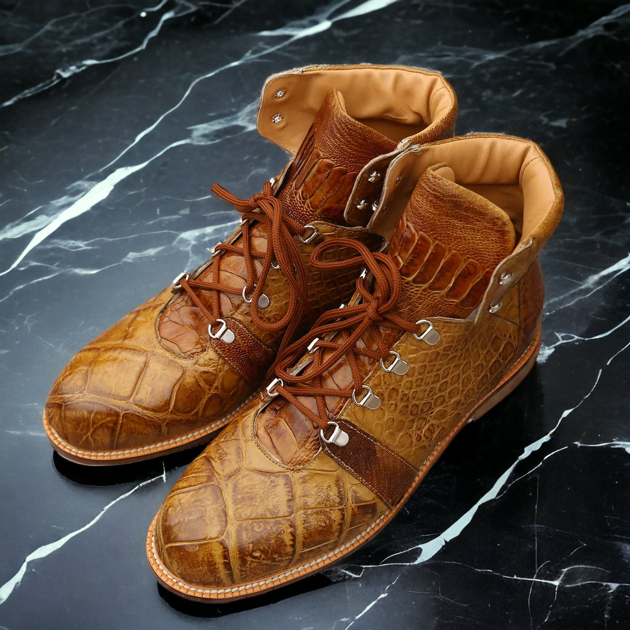 Mauri Pathfinder Men's Designer Shoes Mustard Brown Body Alligator and Ostrich Leg Boots (MAS5011)