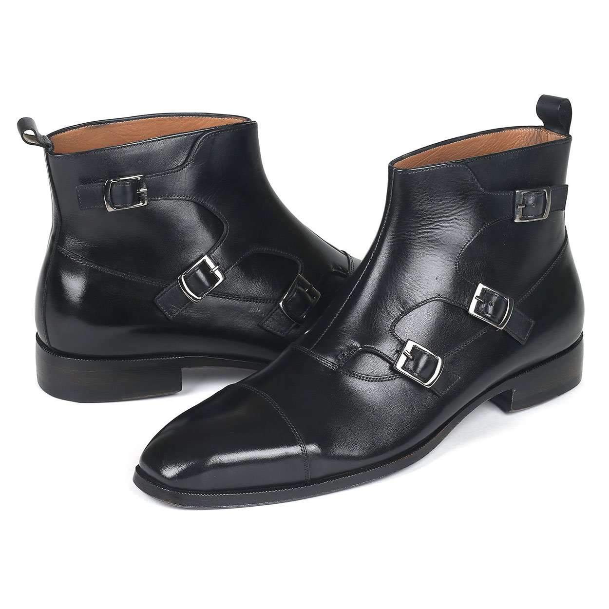 Paul Parkman Men's Black Calf-Skin Leather Triple Monk-Straps Boots 88951-BLK (PM6143)