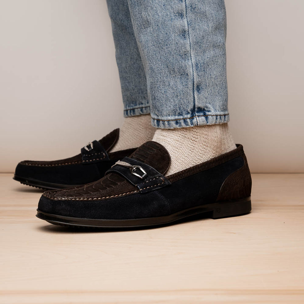 Marco Di Milano Hugo Men's Shoes Brown & Navy Suede / Ostrich Leg Horsebit Loafers (MDM1062)
