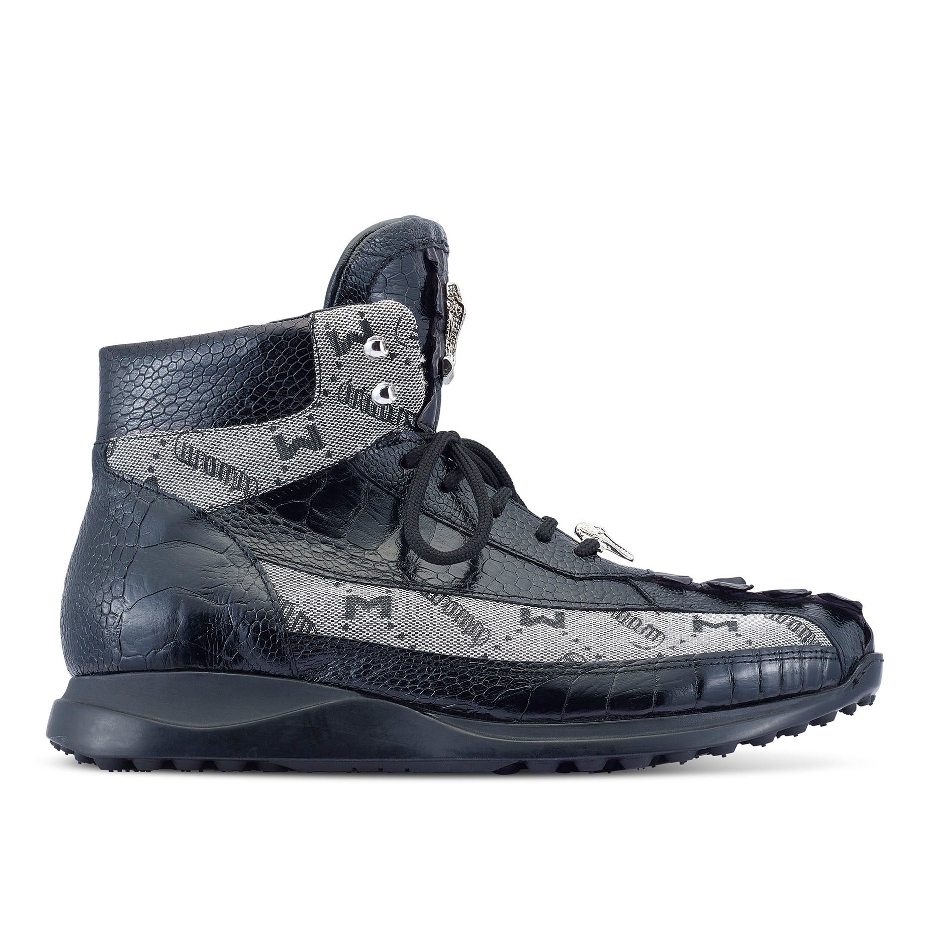 Mauri Chronic 8484 Men's Shoes Black & Gray Exotic Ostrich Leg / Hornback Tail / Fabric High-Top Sneakers (MA5487)
