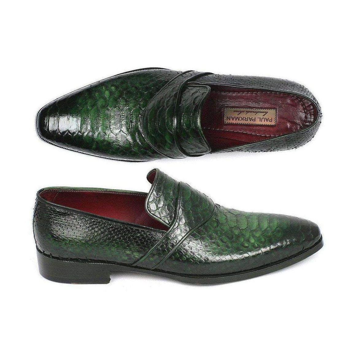 Paul Parkman Handmade Designer Shoes Exotic Skin hand Painted Green Loafers (PM5467)