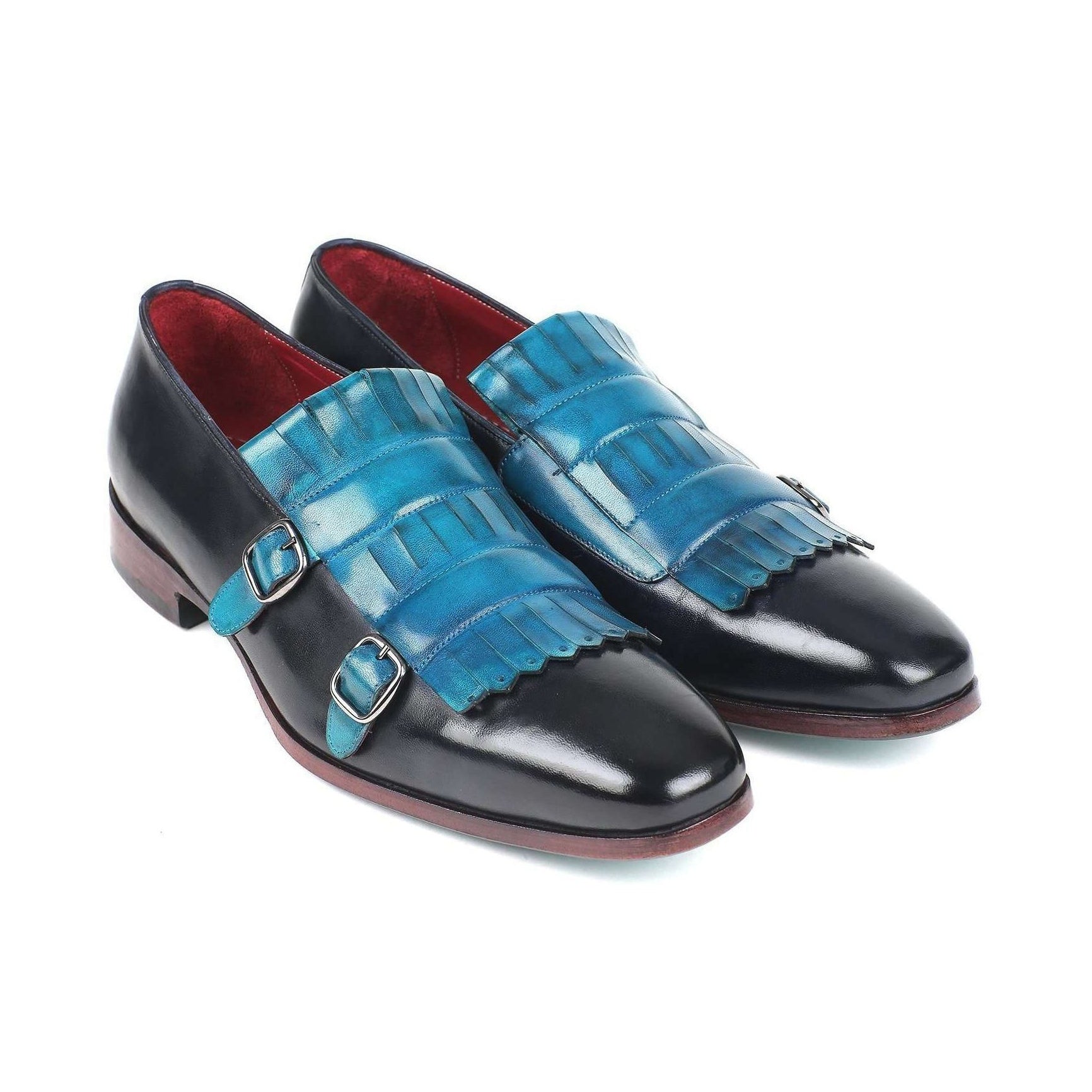 Paul Parkman Handmade Designer Shoes Men's Blue & Navy Calf-skin Leather Kiltie Double Monkstrap Loafers ST17BLU (PM5906)