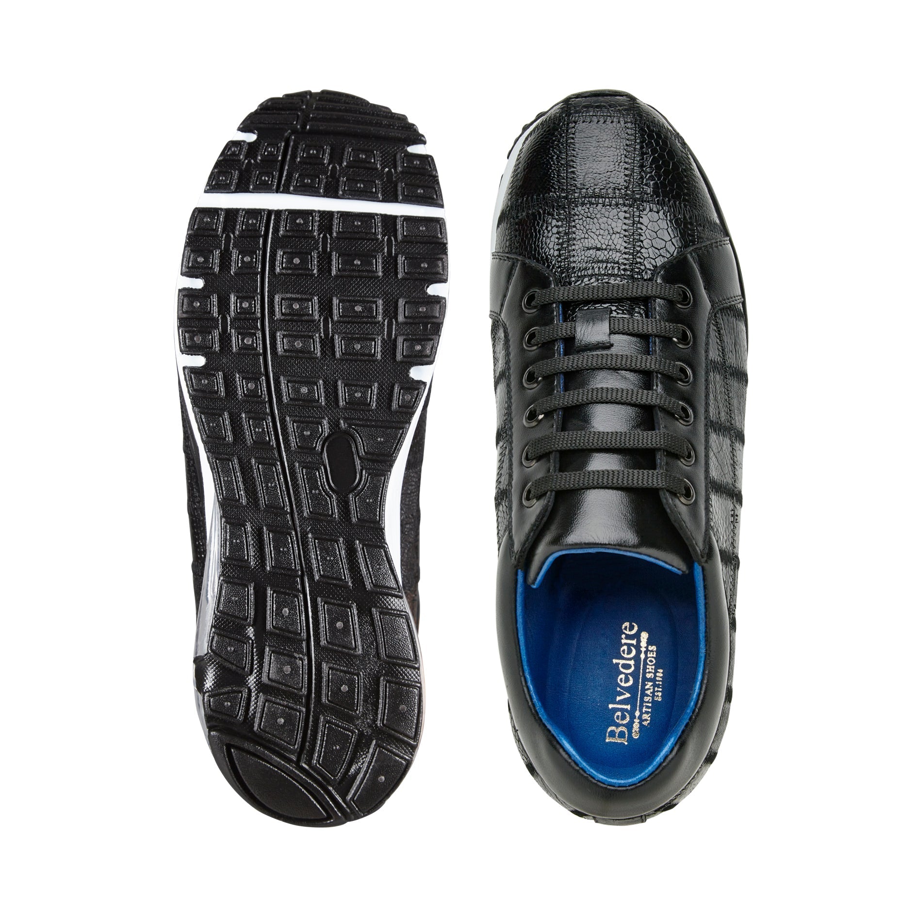 Belvedere Magnus E21 Shoes Men's Black Exotic Ostrich Patchwork Casual Sneakers (BV3162)