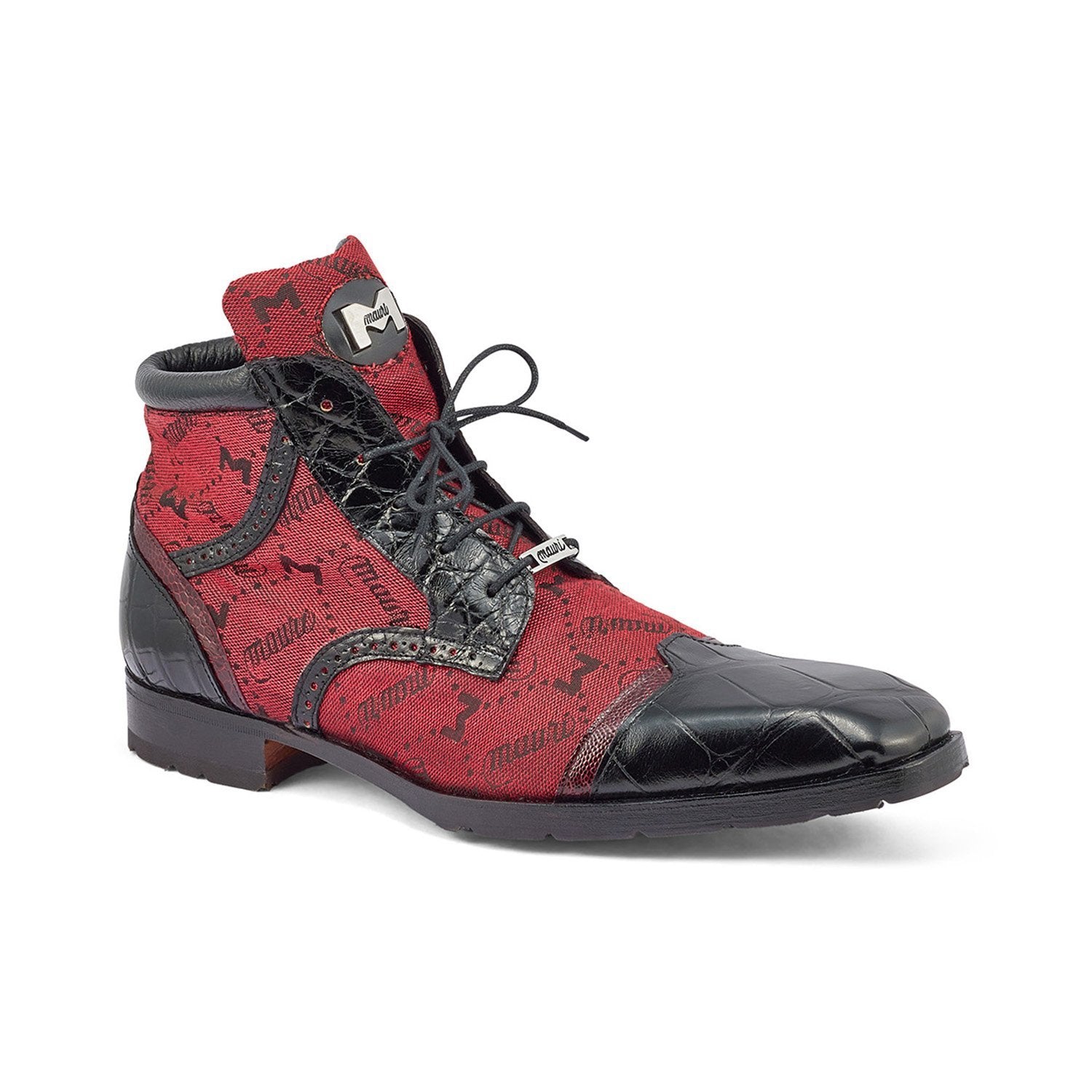 Mauri 3069 Jetset Men's Shoes Black & Ruby Red Exotic Alligator / Ostrich Leg / Mauri Fabric Derby Boots (MA5395)