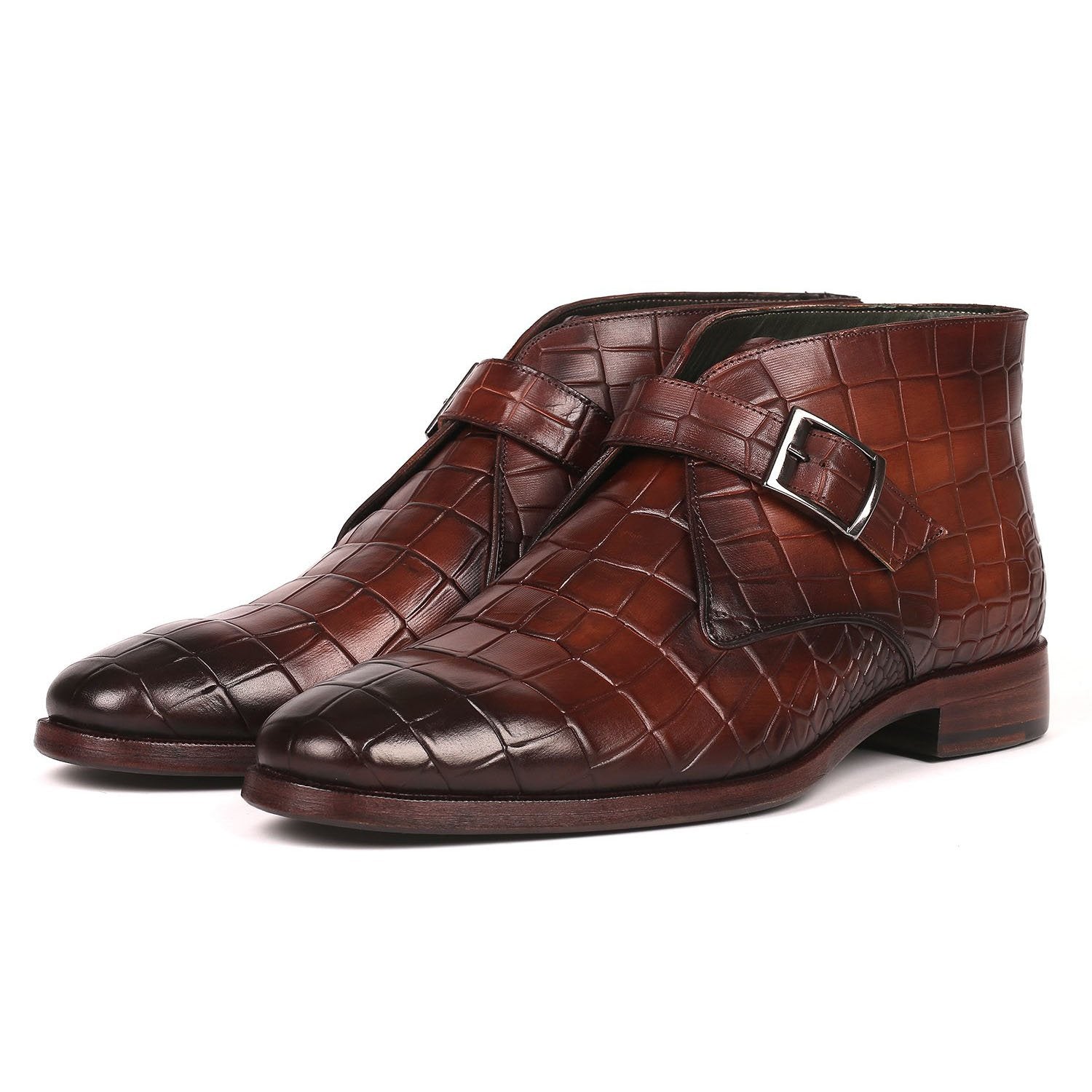 Paul Parkman 8638-BRW Men's Shoes Brown Crocodile Print / Calf-Skin Leather Monk-Strap Ankle Boots(PM6254)