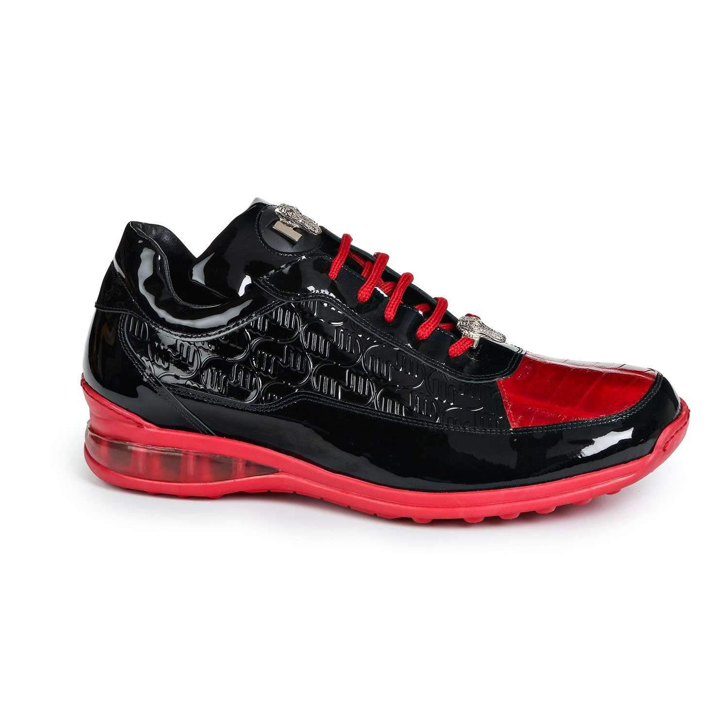 Mauri 8900/2 Bubble Men's Designer Shoes Red & Black Baby Crocodile / Patent Print Leather Sneakers (MA5020)