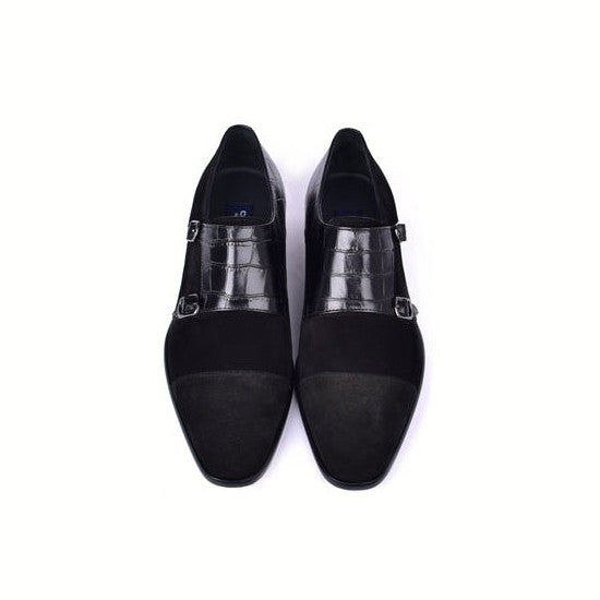 Corrente C00017-6433 Men's Shoes Black Crocodile Print / Suede Leather Double Monk-Straps Loafers (CRT1490)