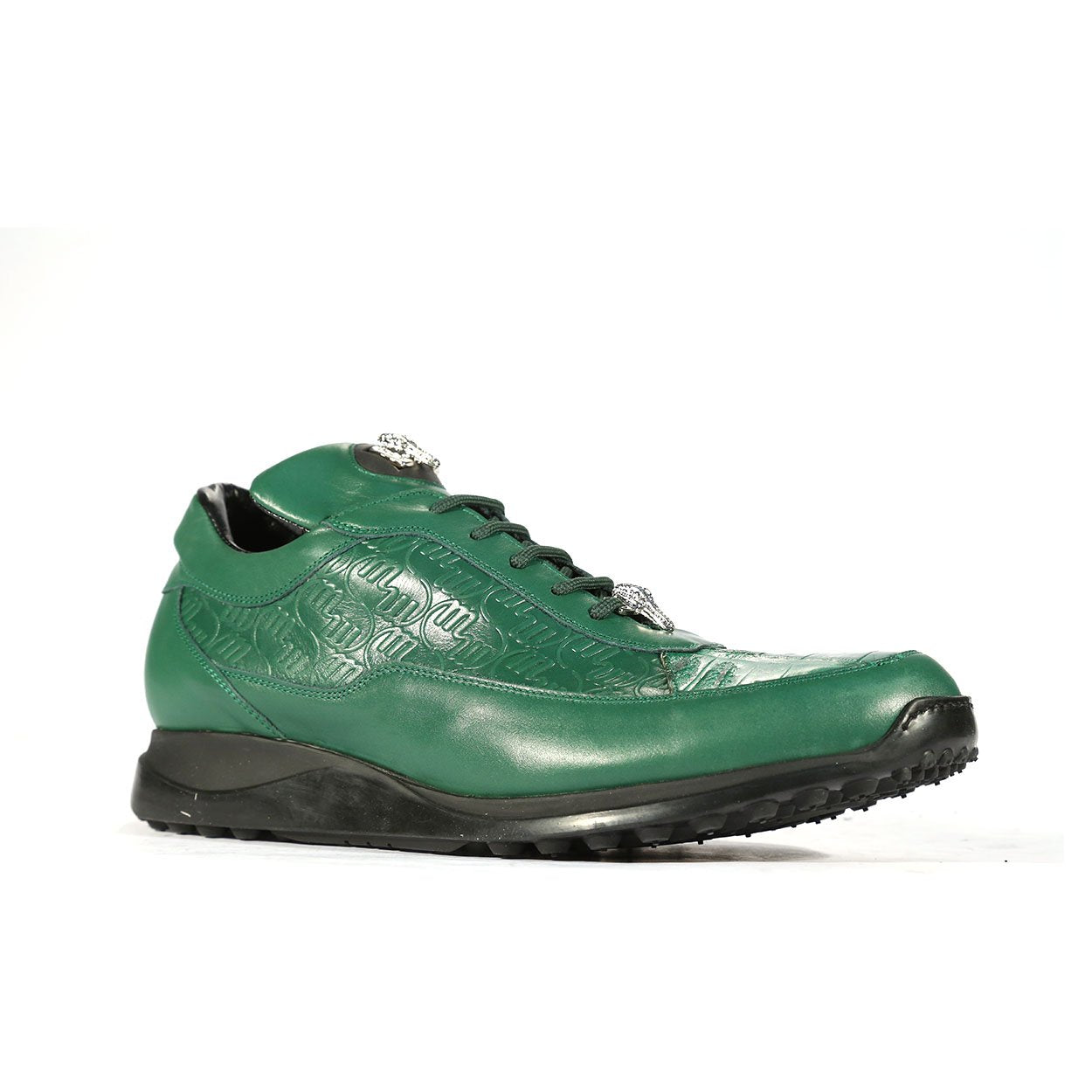Mauri 8900/2 Italian Men's Designer Shoes Green Exotic Crocodile / King Nappa Embossed Casual Sneakers (MAS5282)