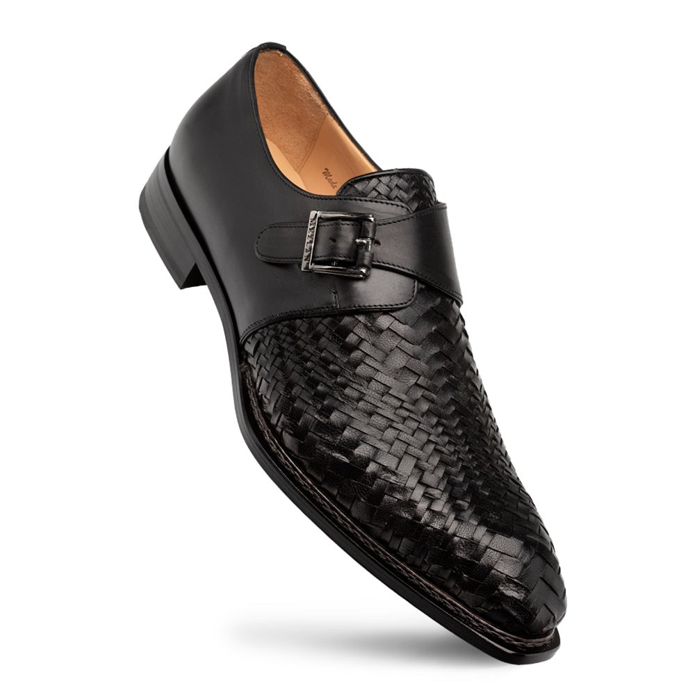 Mezlan Temi 21069 Men's Shoes Black Woven / Calf-Skin Leather Single Monk-Strap Loafers (MZ3742)