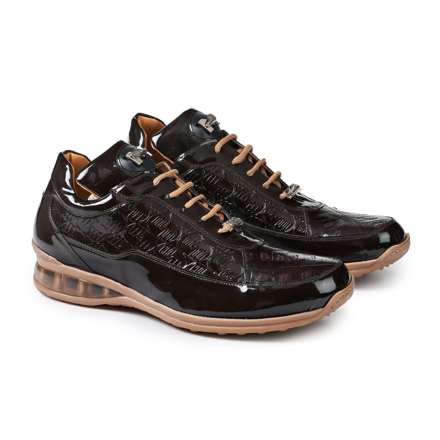 Mauri 8900/2 Bubble Men's Designer Shoes Dark Brown Baby Crocodile and Patent Print Leather Sneakers (MA5018)