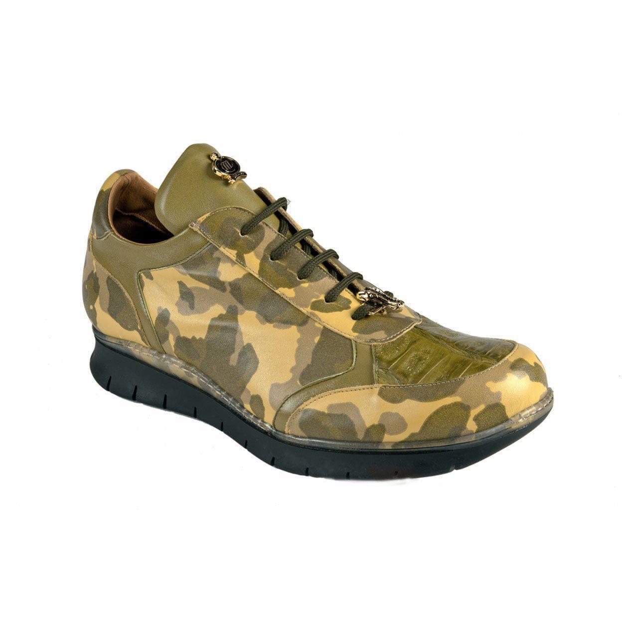 Mauri Men's Designer Shoes Green / Yellow Camouflage Exotic Crocodile / Calf-Skin Leather Sneakers 8571 (MAO1048)
