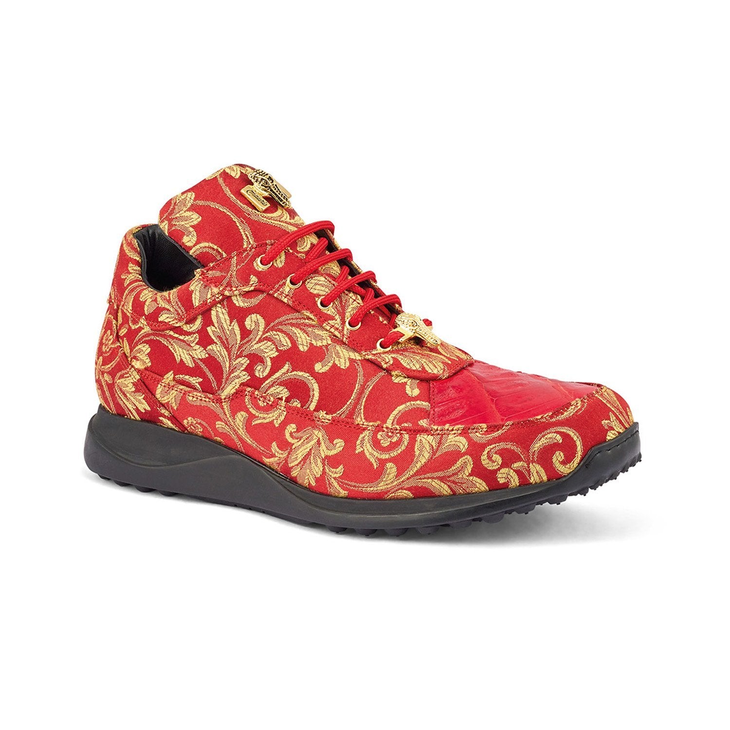 Mauri 8900/2 Solid Gold Men's Shoes Red Exotic Crocodile / Gobelins Fabric Casual Sneakers (MA5359)