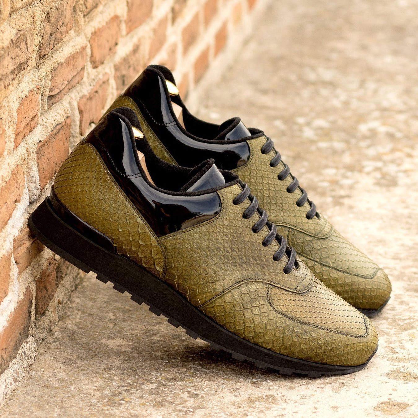 Ambrogio Bespoke Men's Shoes Black & Olive Exotic Python / Patent Leather Jogger Sneakers (AMB2258)