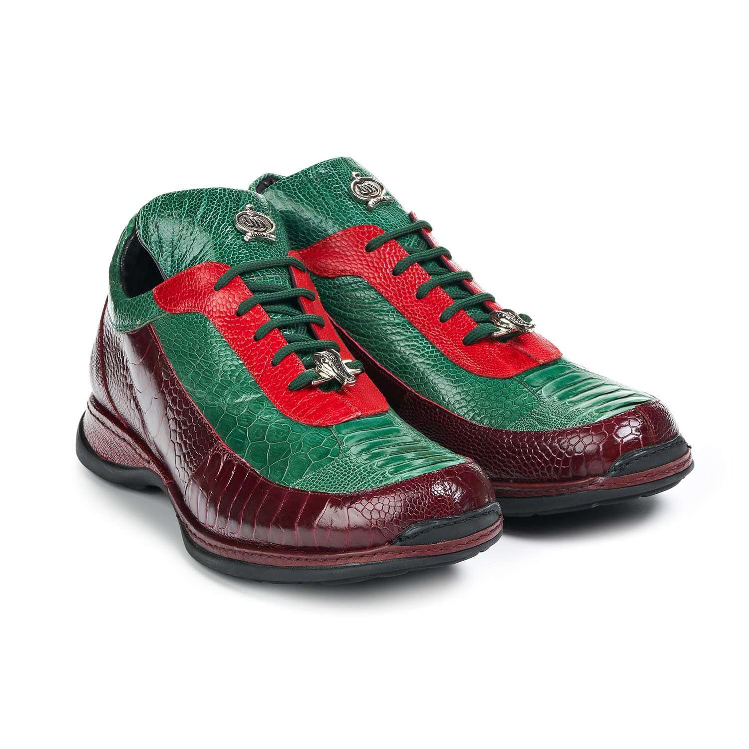 Mauri 8569 Electic Men's Designer Shoes Red /Green / Burgundy Ostrich Leg Sneakers 8569 (MA5023)