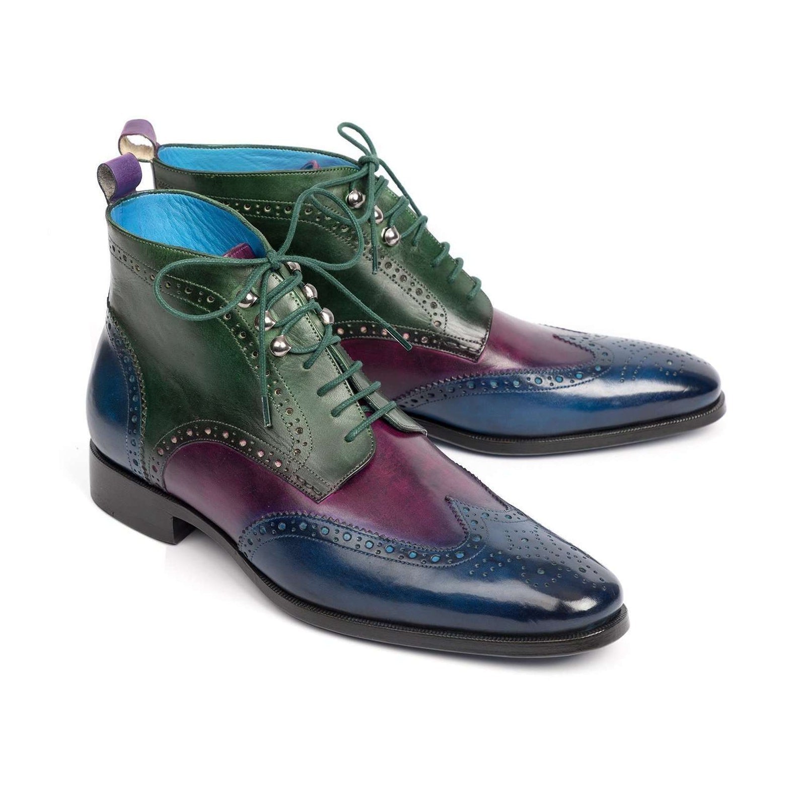 Paul Parkman Handmade Designer Shoes Wingtip Three Tone Blue Purple Green Ankle Boots (PM5600)