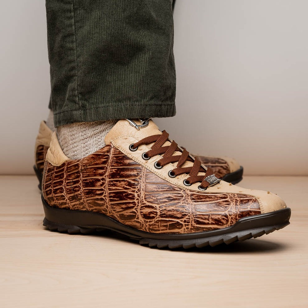 Marco Di Milano Saulo Men's Shoes Green & Cognac Exotic Ostrich / Alligator Casual Sneakers (MDM1045)
