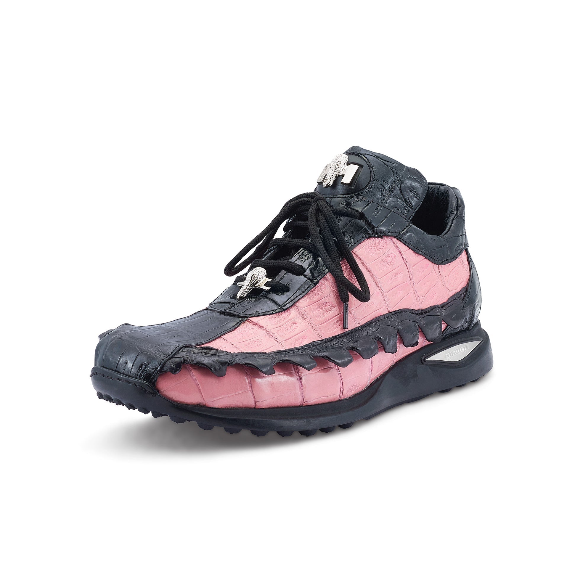 Mauri Crawler 8727/1 Men's Shoes Black & Pink Exotic Hornback / Crocodile Casual Sneakers (MA5544)