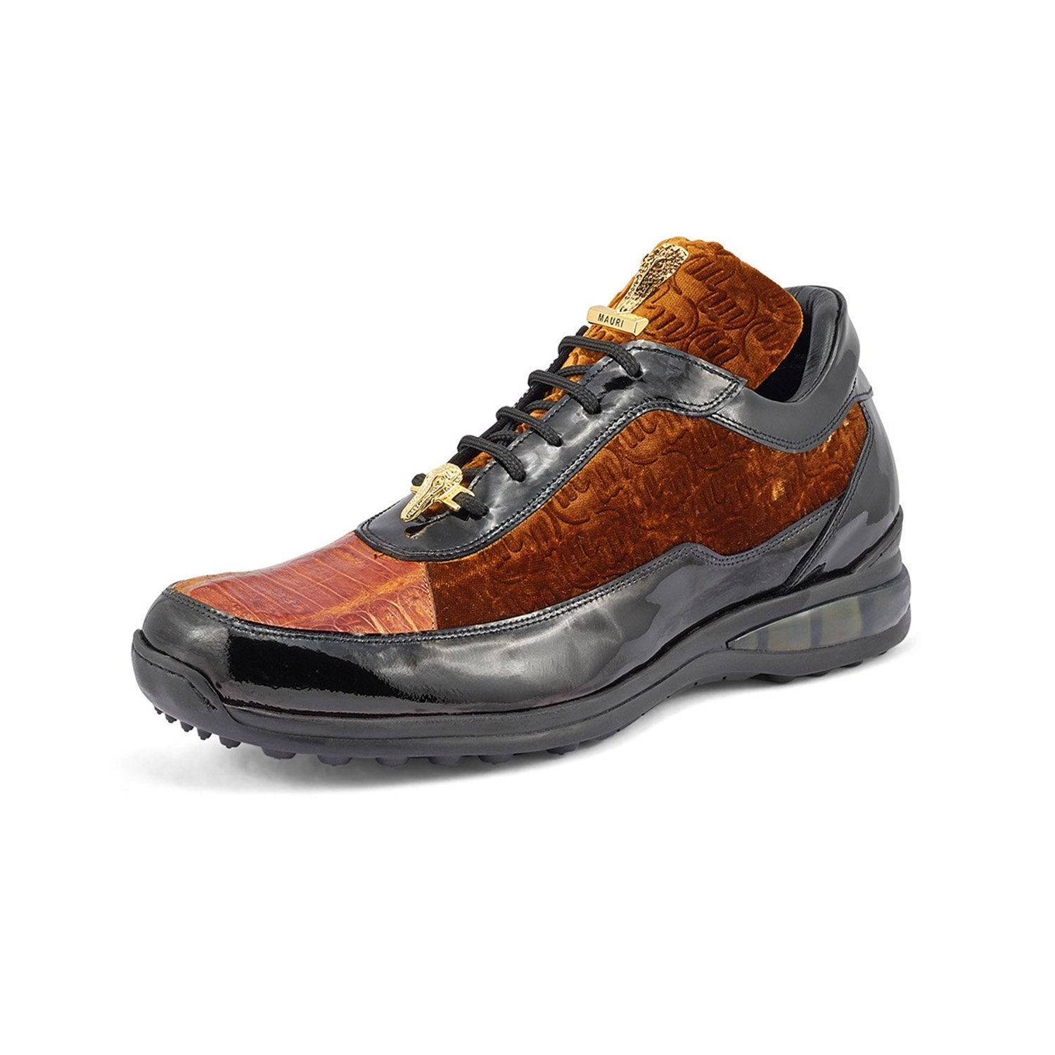 Mauri 8900/8 Bubble Men's Shoes Black, Mustard & Camel Exotic Crocodile / Patent Leather / Velvet Embossed Casual Sneakers (MA5356)