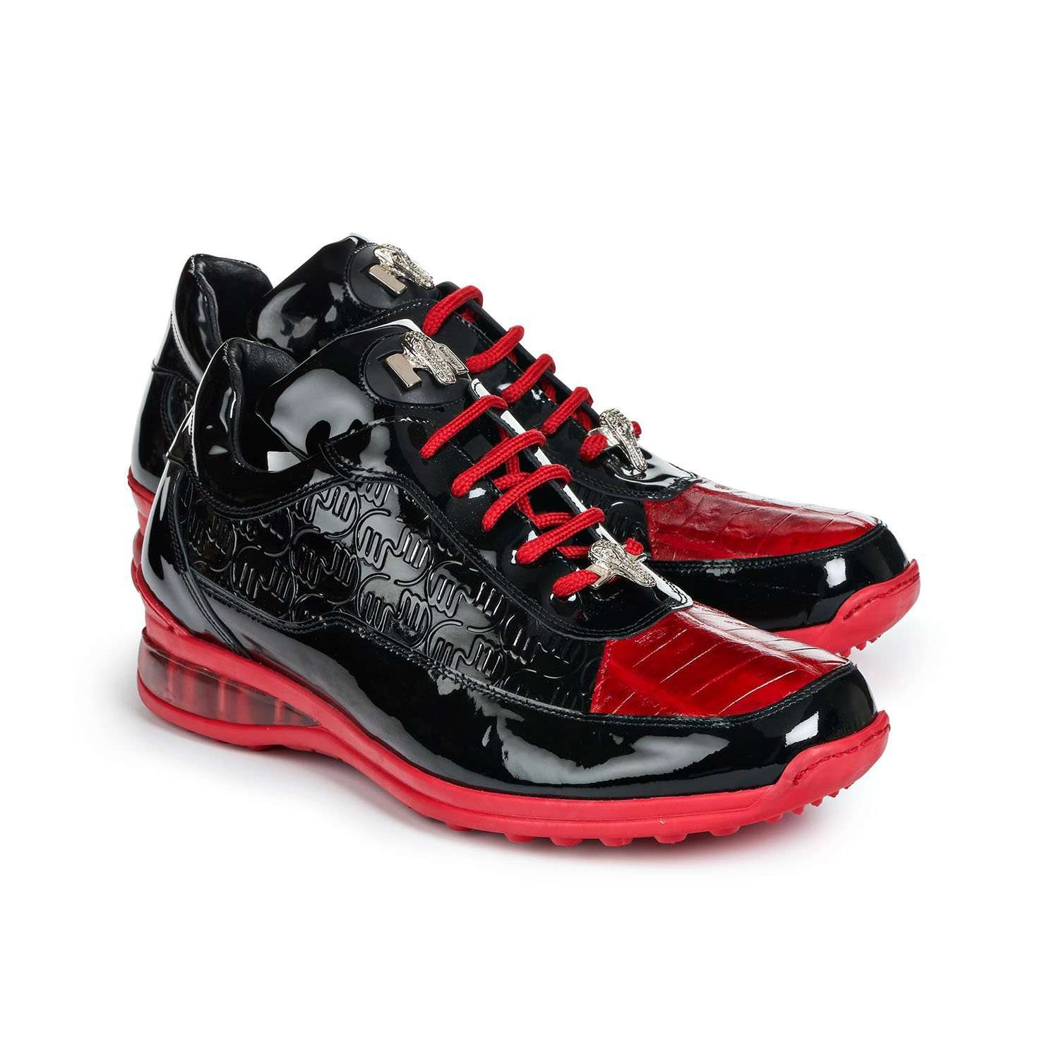Mauri 8900/2 Bubble Men's Designer Shoes Red & Black Baby Crocodile / Patent Print Leather Sneakers (MA5020)