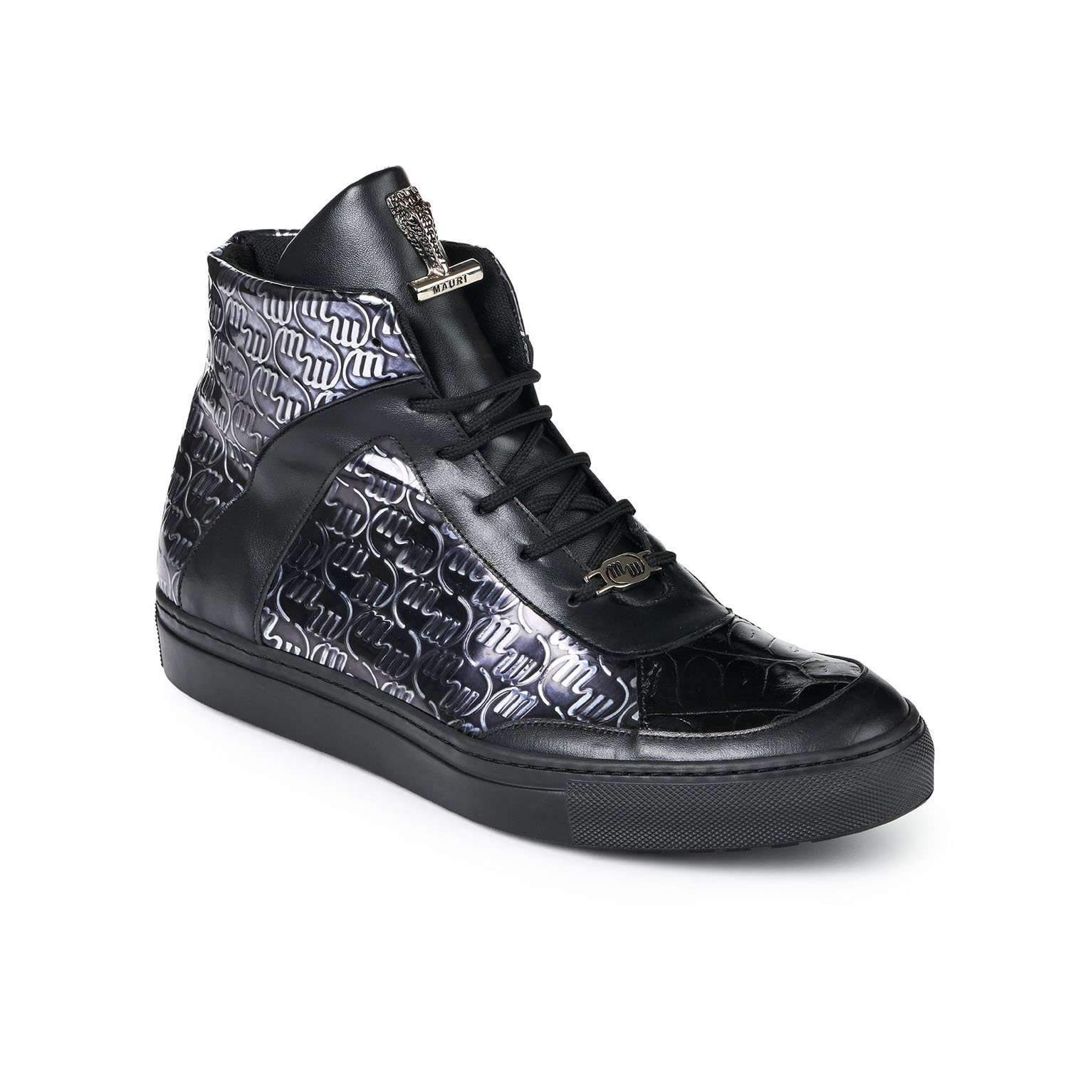 Mauri 8583 Heart Men's Designer Shoes Nappa Black Calf-Skin Print and Baby Crocodile Sneakers (MA5016)