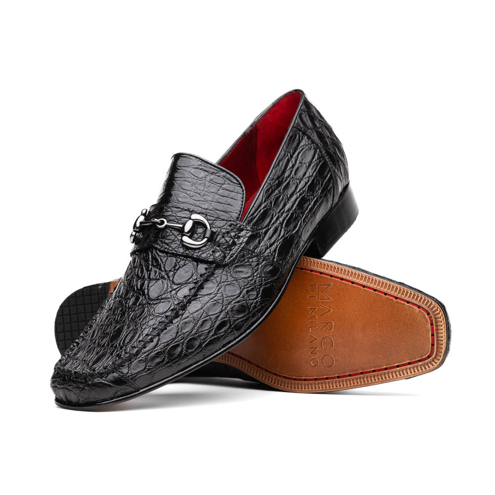 Marco Di Milano Landro Men's Shoes Black Exotic Crocodile Horsebit Loafers (MDM1023)