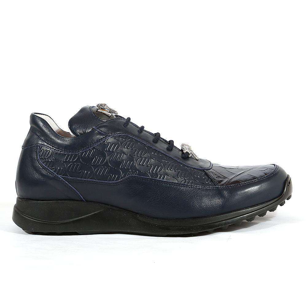 Mauri Designer Shoes 8900/2 Italian Men's Designer Shoes King Nappa Embossed / Croco Wonder Blue Sneakers (MA1107)