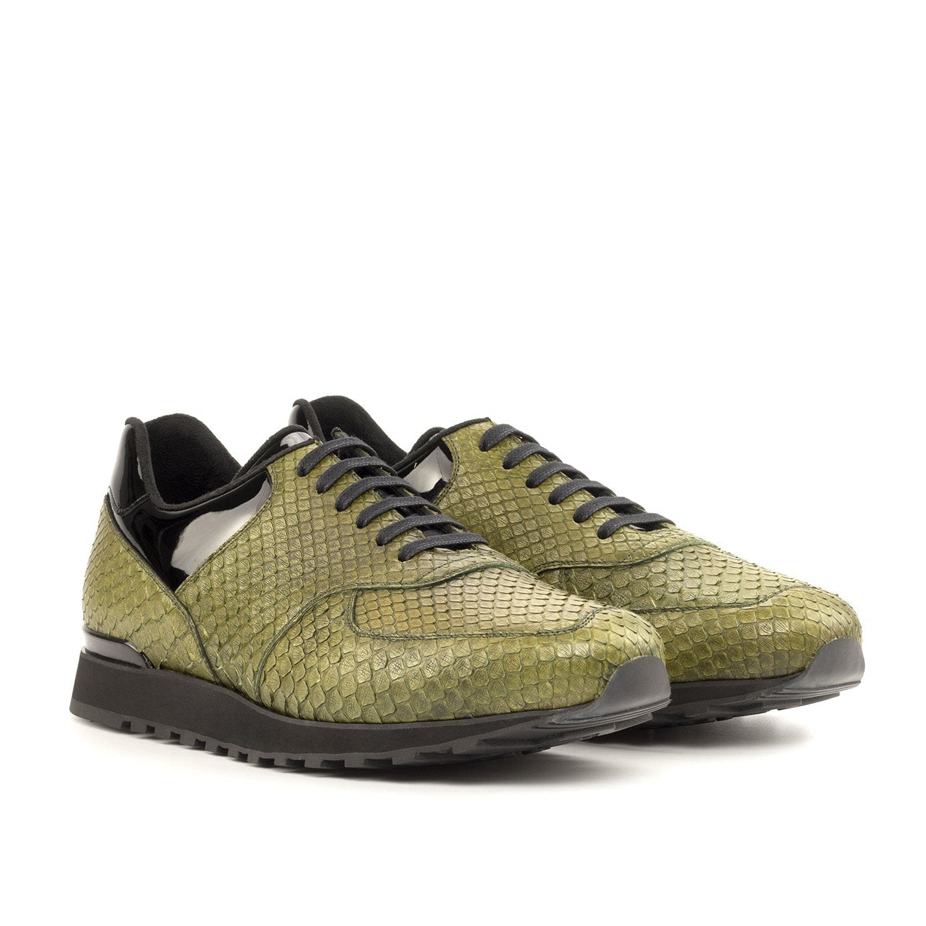 Ambrogio Bespoke Men's Shoes Black & Olive Exotic Python / Patent Leather Jogger Sneakers (AMB2258)