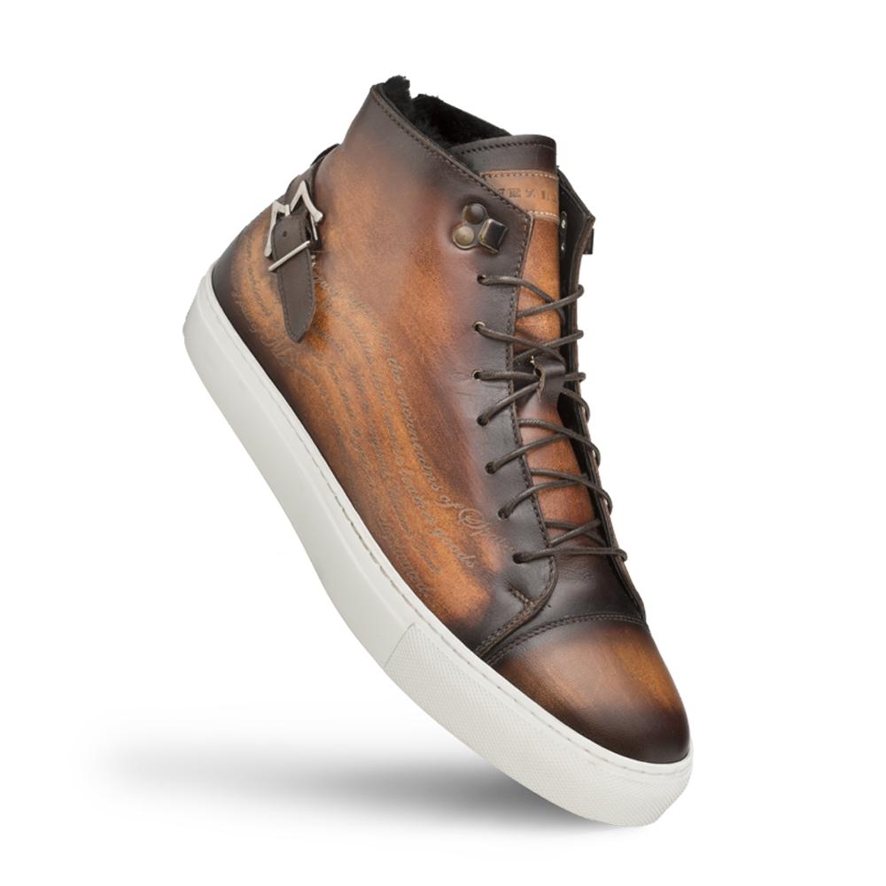 Mezlan A20044 Men's Shoes Cognac Patina Leather Etched Hi-Top Sneakers (MZS3416)