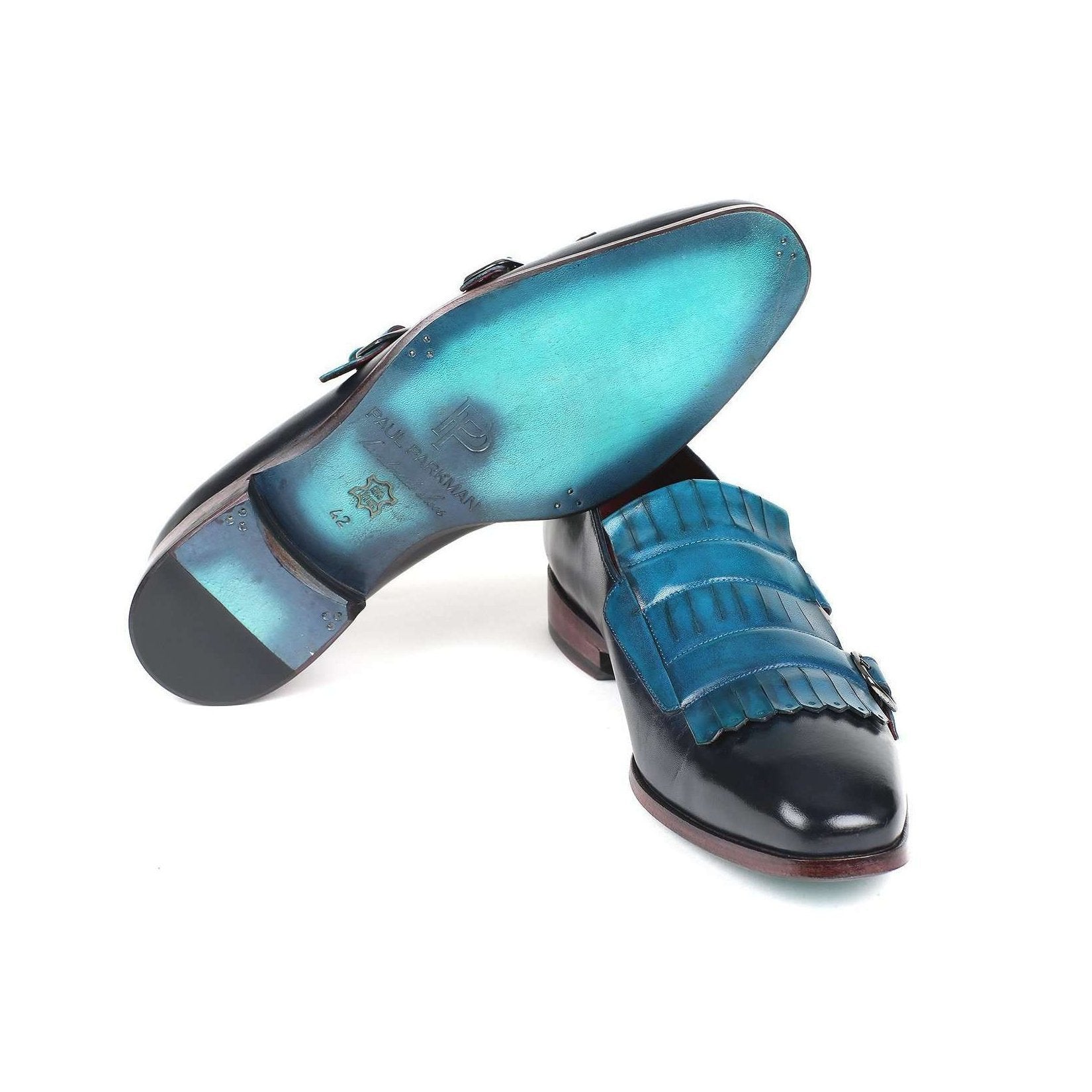 Paul Parkman Handmade Designer Shoes Men's Blue & Navy Calf-skin Leather Kiltie Double Monkstrap Loafers ST17BLU (PM5906)