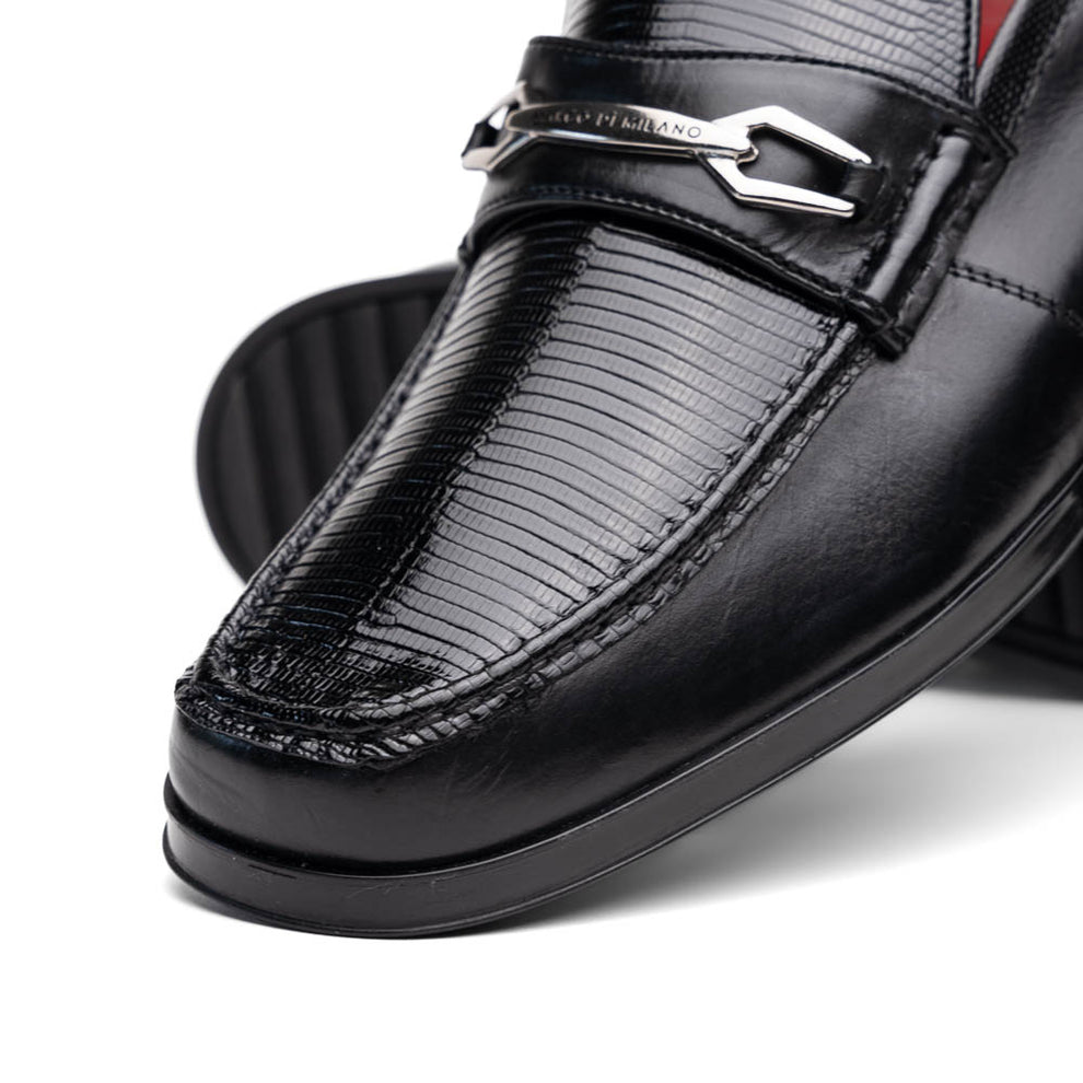 Marco Di Milano Hugo Men's Shoes Black Exotic Lizard / Calf-Skin Leather Horsebit Loafers (MDM1082)