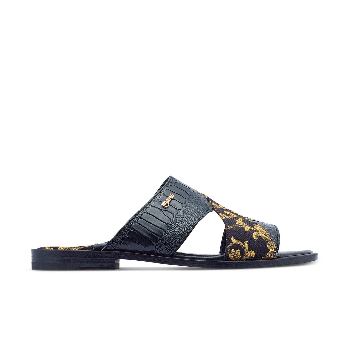 Mauri 5140 Cancun Men's Shoes Black Exotic Ostrich Leg / Gobelins Fabric Slip-On Sandals (MA5417)