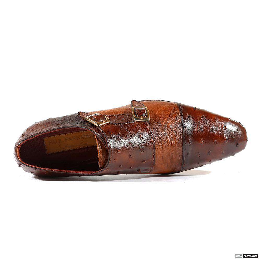 Paul Parkman Handmade Designer Shoes Men's Handmade Ostrich Double Monkstrap Brown & Tobacco Loafers (PM1102)