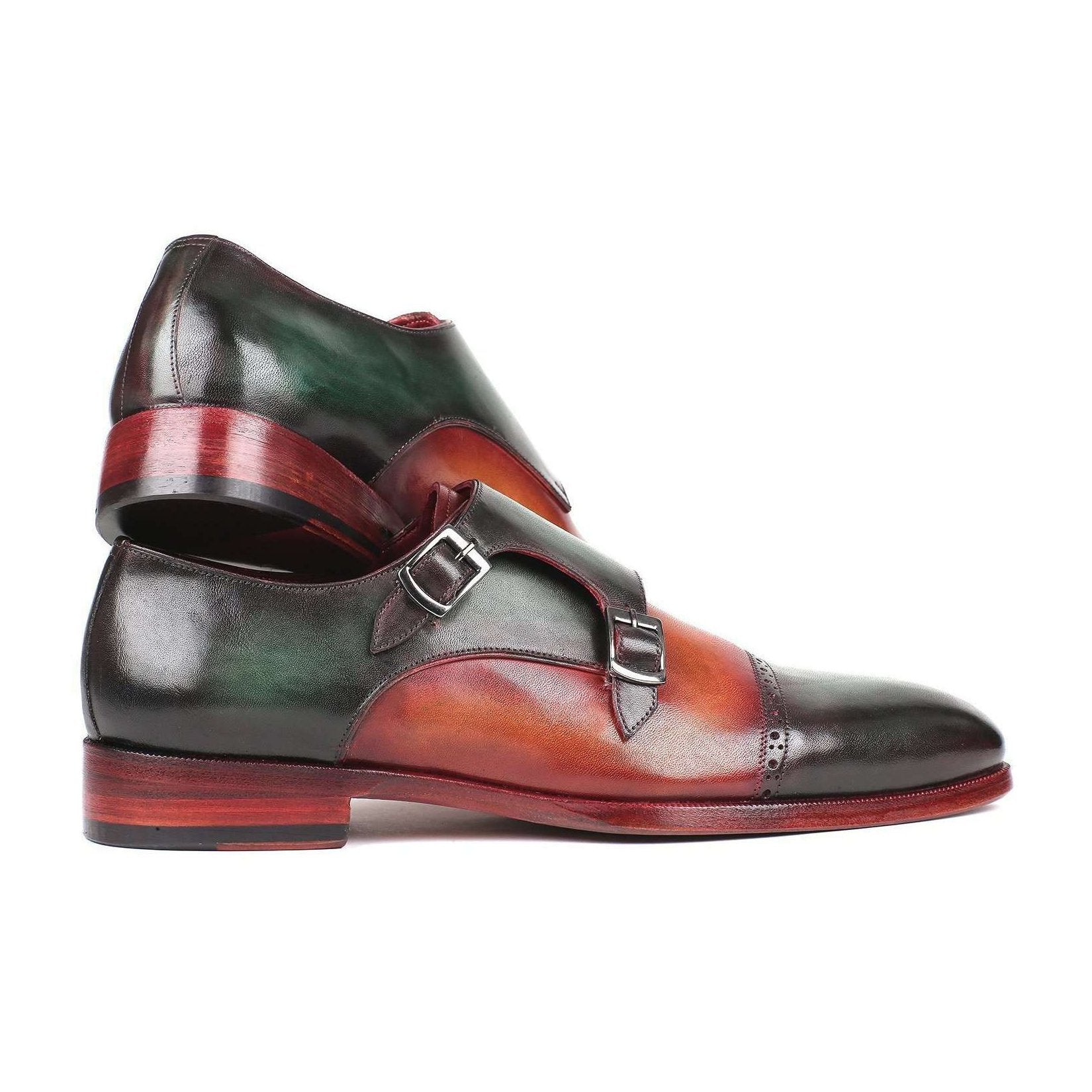Paul Parkman Handmade Designer Shoes Men's Green & Camel Calf-skin Leather Captoe Double Monkstrap Loafers 045GC61 (PM5916)