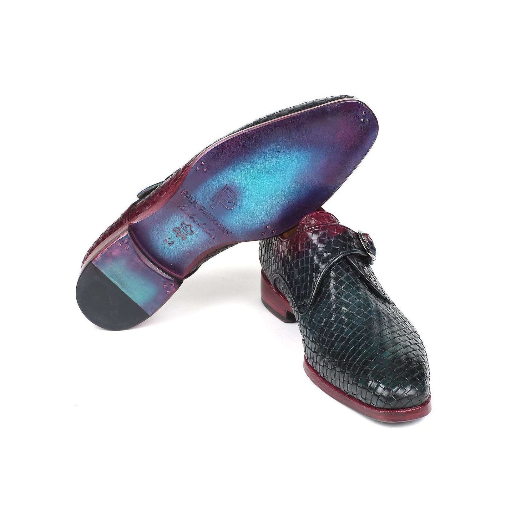 Paul Parkman Handmade Designer Shoes Men's Purple & Green Woven Calf-skin Leather Monkstraps Loafers 011WN28 (PM5908)