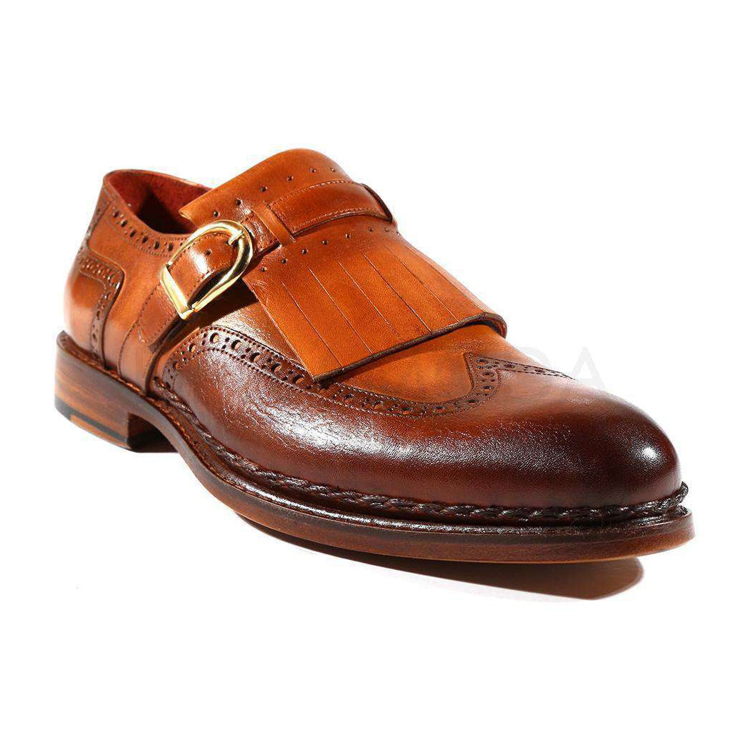 Paul Parkman Handmade Designer Shoes Men's Designer Shoes Goodyear Welted Kiltie Wingtip Monkstraps Brown & Tobacco Loafers (PM2001)