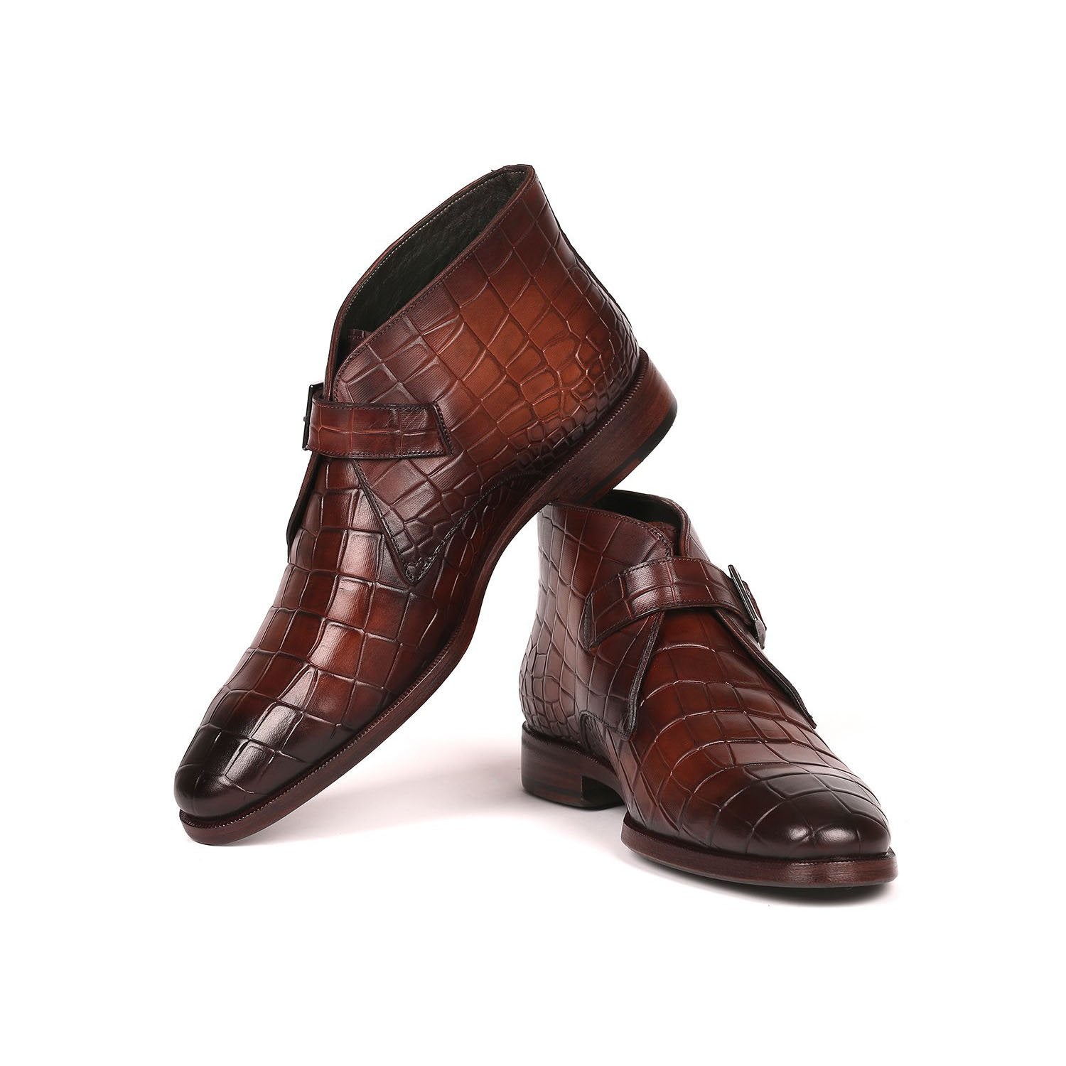 Paul Parkman 8638-BRW Men's Shoes Brown Crocodile Print / Calf-Skin Leather Monk-Strap Ankle Boots(PM6254)