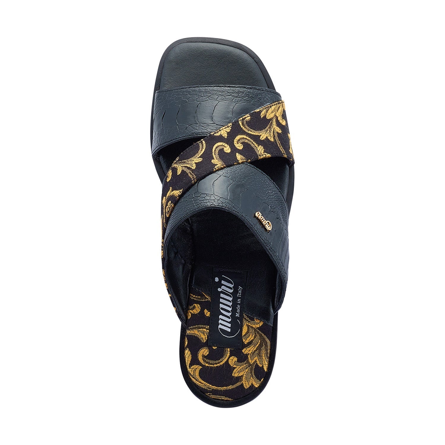 Mauri 5140 Cancun Men's Shoes Black Exotic Ostrich Leg / Gobelins Fabric Slip-On Sandals (MA5417)