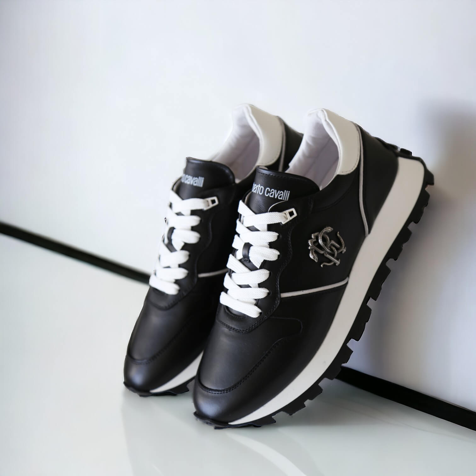 Roberto Cavalli 22541-A Men's Shoes Black Calf-Skin Leather Casual Sneakers (RC1003)