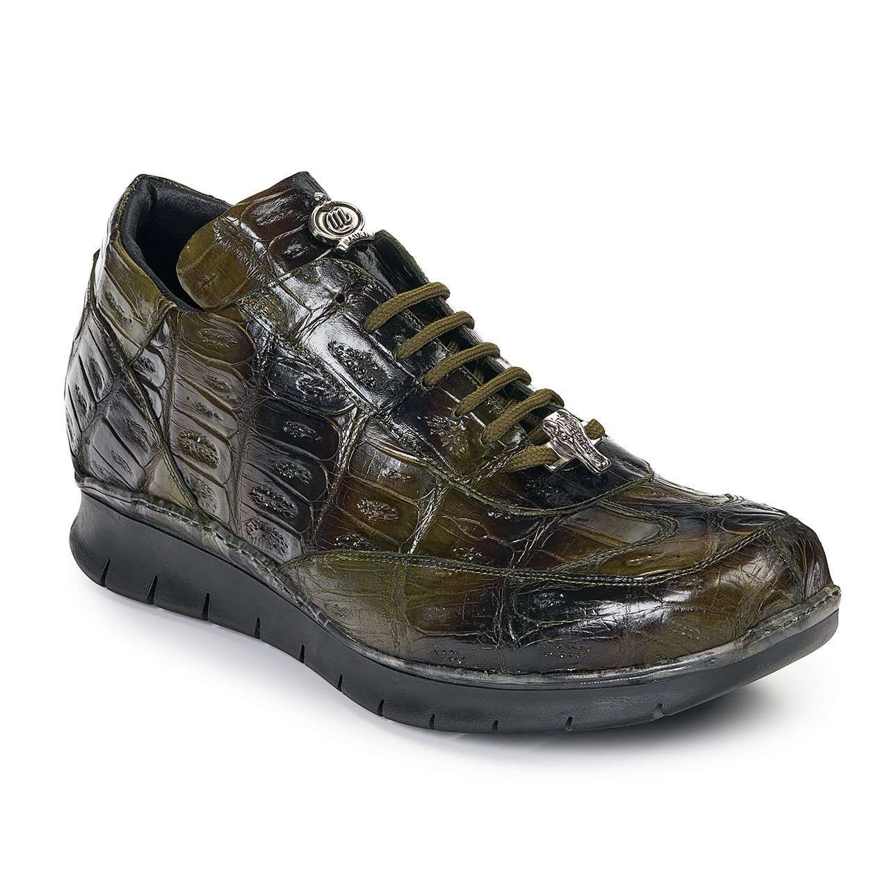 Mauri 8932 Men's Designer Shoes Exotic Skin Borromini Multi-Green Baby Croc & Nappa Leather Sneakers (MA4818)