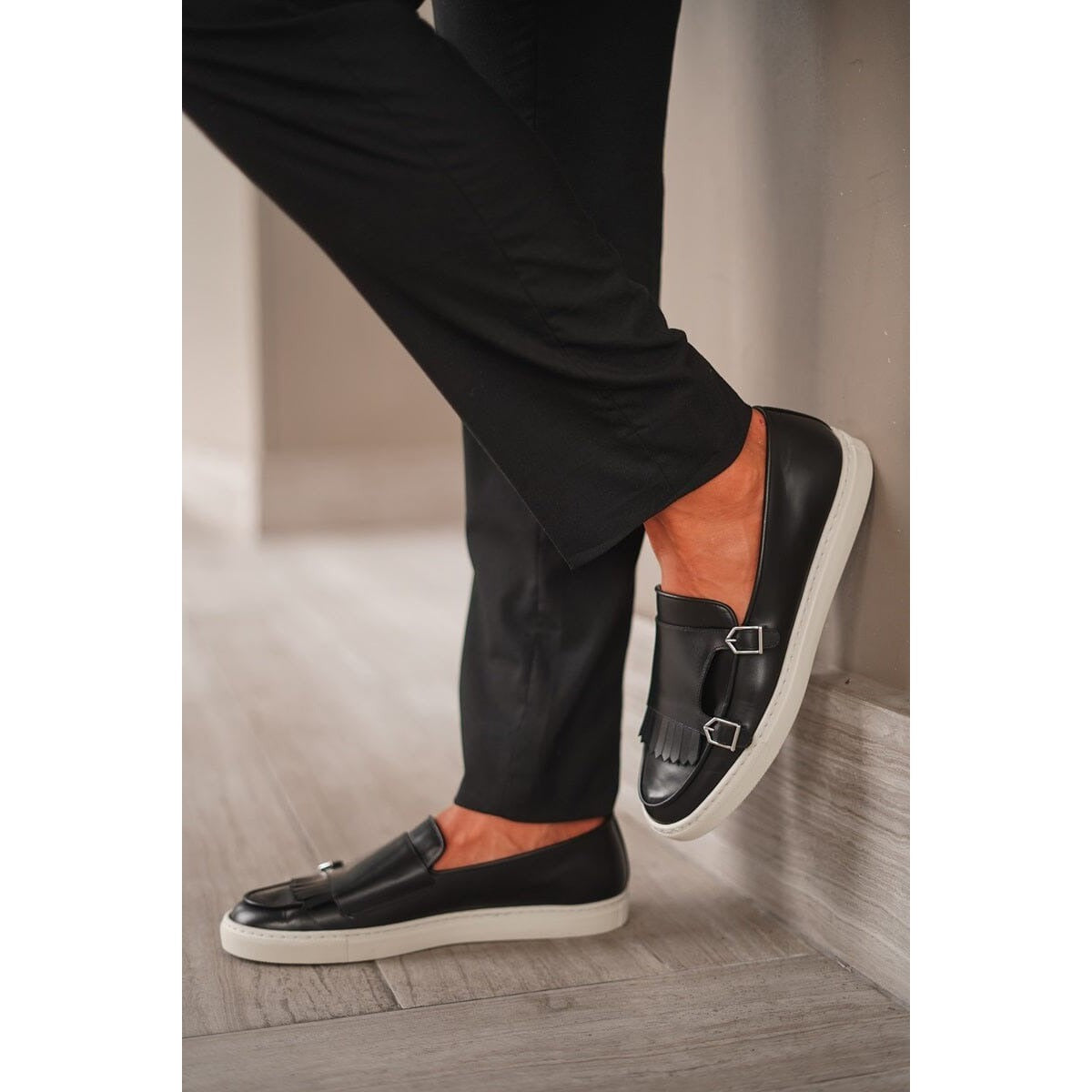 SUPERGLAMOUROUS TANGERINE 7.1 Men's Shoes Black Nappa Leather Double Monk Skate Sneakers (SPGM1295)
