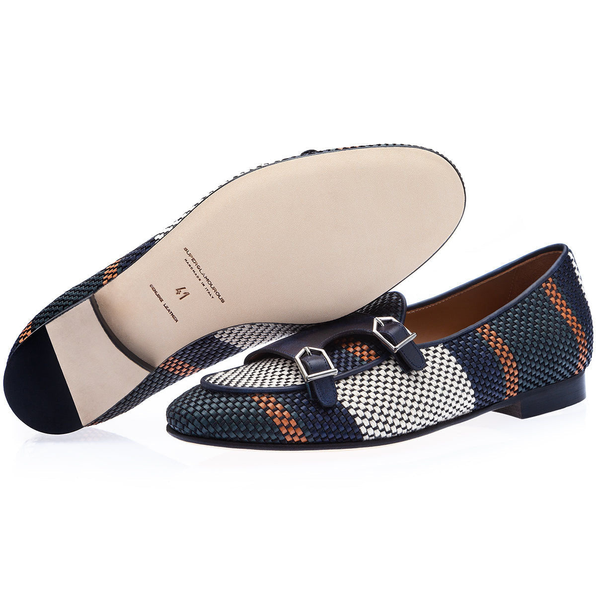 SUPERGLAMOUROUS Tangerine 7 Tetris Men's Shoes Multi-Color Hand-Loomed Leather Monk-Straps Belgian Loafers (SPGM1137)