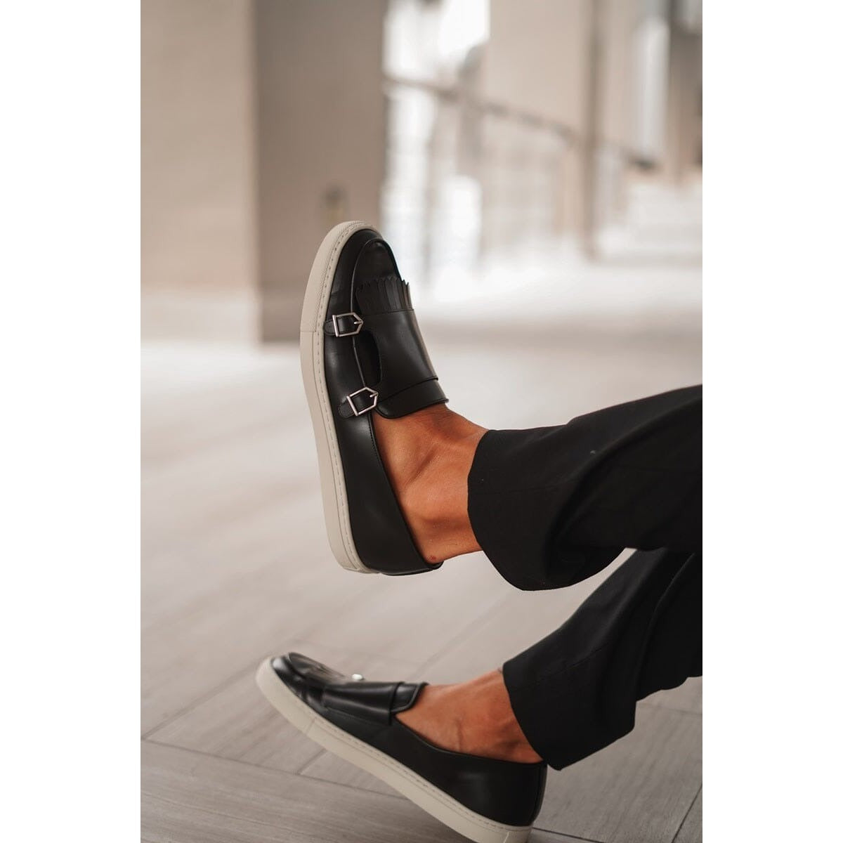 SUPERGLAMOUROUS TANGERINE 7.1 Men's Shoes Black Nappa Leather Double Monk Skate Sneakers (SPGM1295)