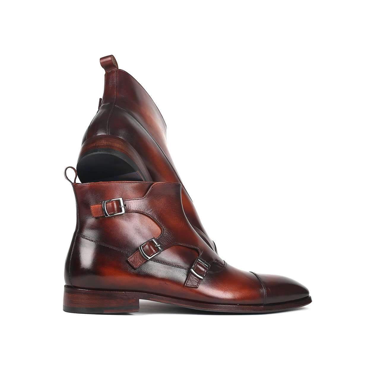 Paul Parkman Men's Brown Calf-Skin Leather Triple Monk-Straps Boots 88951-BRW (PM6144)