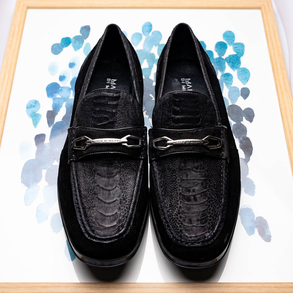 Marco Di Milano Hugo Men's Shoes Black Suede / Ostrich Leg Horsebit Loafers (MDM1066)