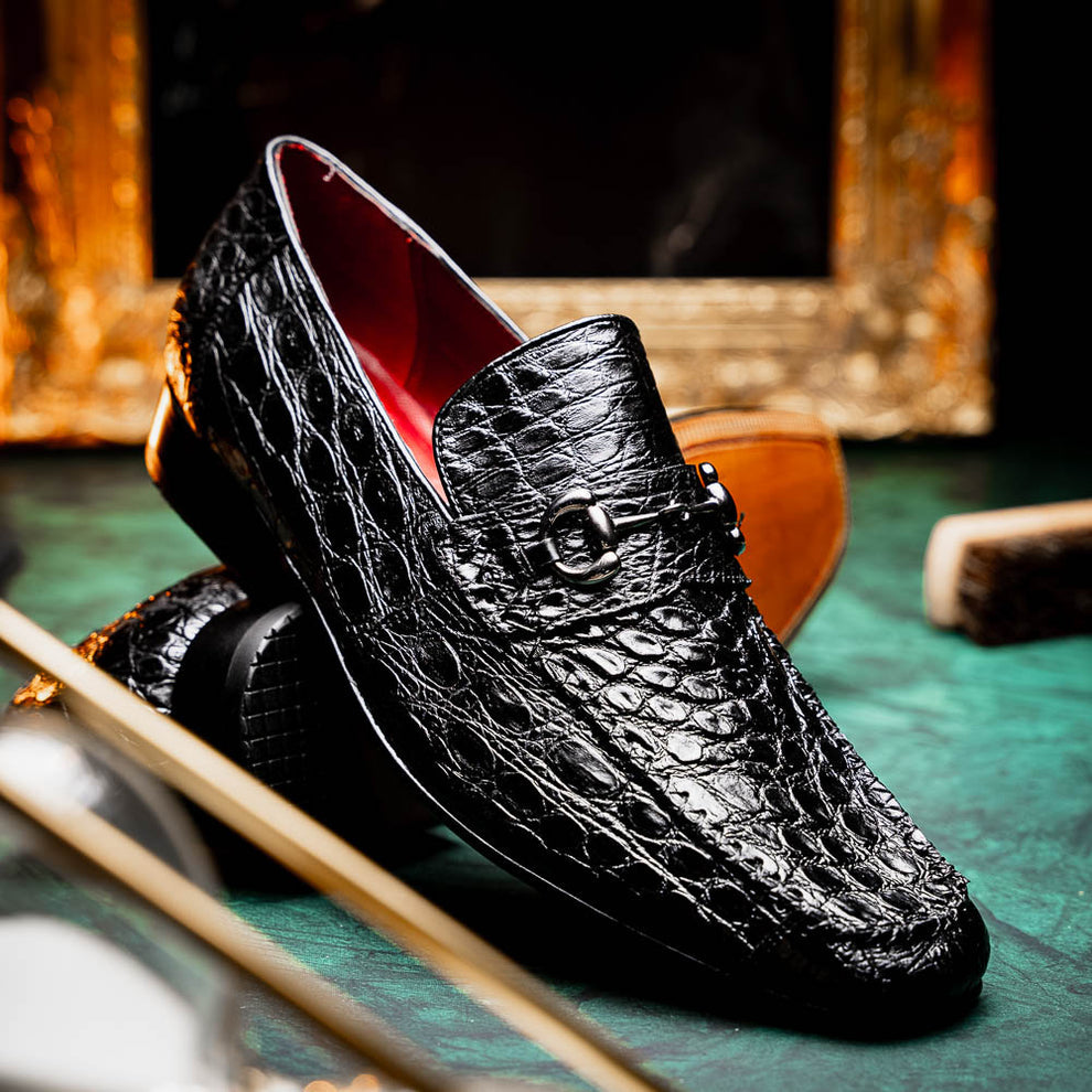 Marco Di Milano Landro Men's Shoes Black Exotic Crocodile Horsebit Loafers (MDM1023)